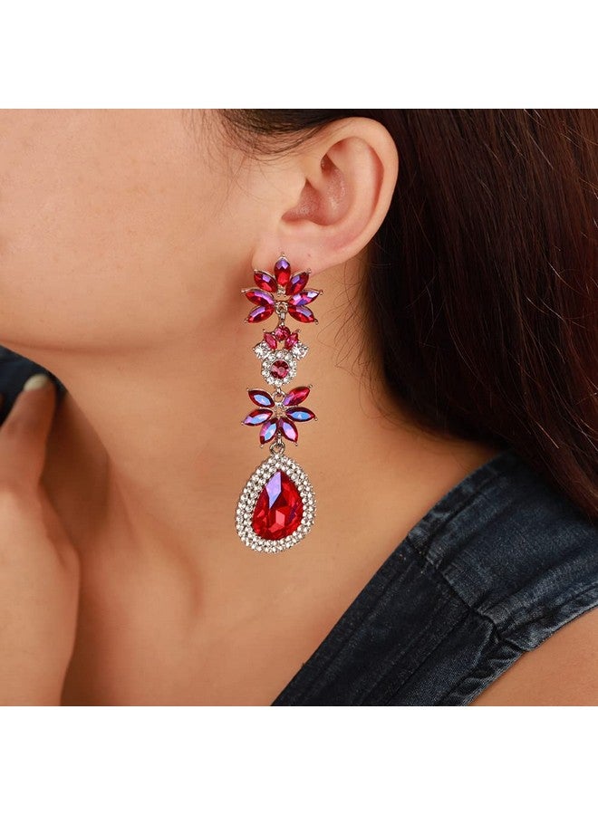 Wiwpar Bohemia Sparkle Rhinestones Dangle Drop Earrings Crystal Teardrop Deco Floral Chandelier Earrings For Women Girls Party Pageant Accessory (Pink) - Image 2