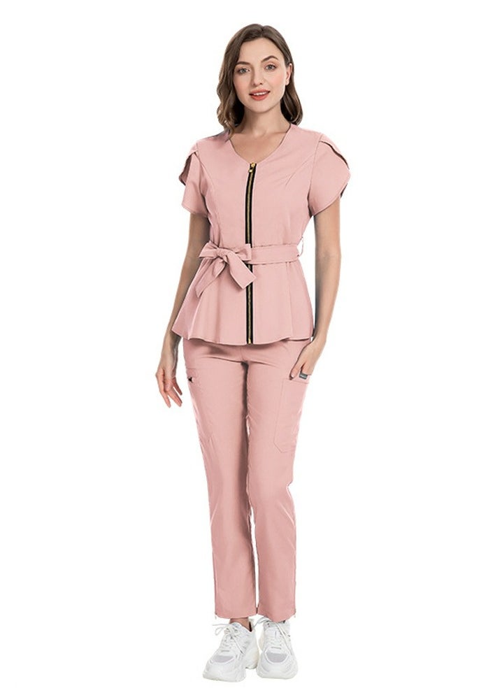 Loquat Womens Medical Uniform Scrubs 2 Piece Set Strap Up Waist Zipper Top and Elastic Waist Straight Pants Suit Pink  - Image 1
