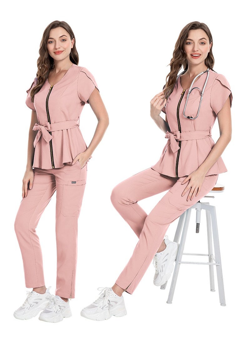 Loquat Womens Medical Uniform Scrubs 2 Piece Set Strap Up Waist Zipper Top and Elastic Waist Straight Pants Suit Pink  - Image 2