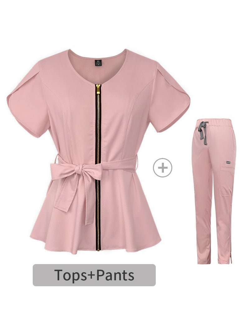 Loquat Womens Medical Uniform Scrubs 2 Piece Set Strap Up Waist Zipper Top and Elastic Waist Straight Pants Suit Pink  - Image 3