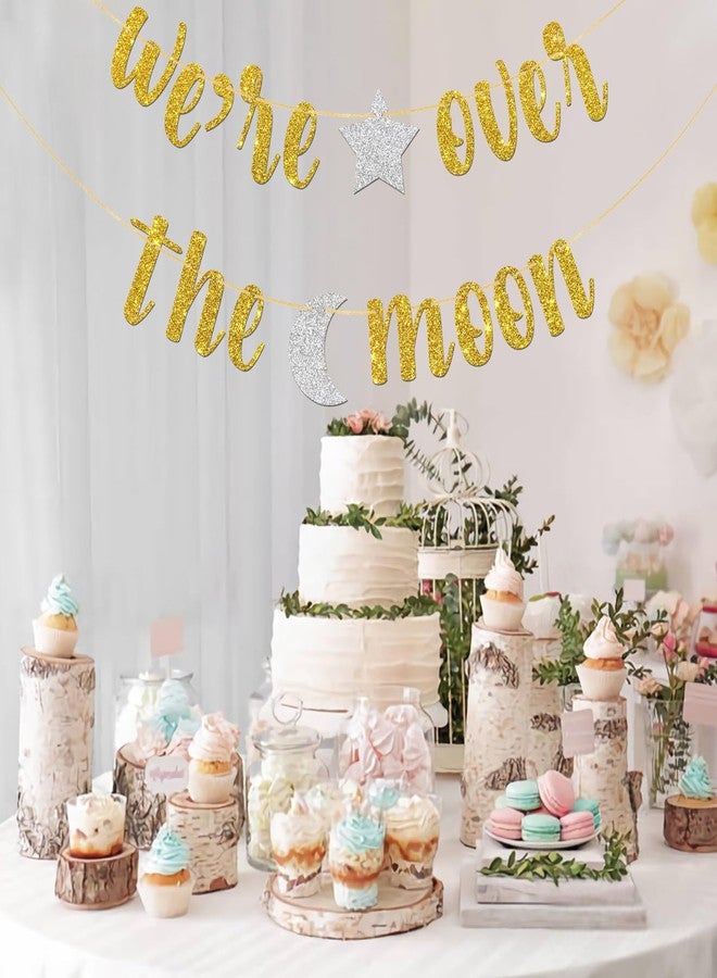 MonMon & Craft We’re Over The Moon Banner/Boy or Girl/Baby Shower/Outer Space Birthday Party Bunting Decorations Supplies - Gold Glitter - Image 3