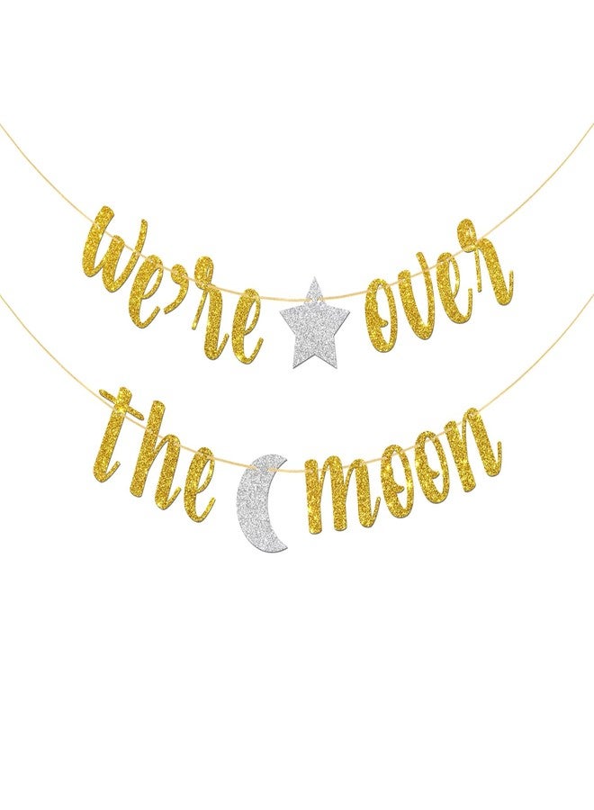 MonMon & Craft We’re Over The Moon Banner/Boy or Girl/Baby Shower/Outer Space Birthday Party Bunting Decorations Supplies - Gold Glitter - Image 1