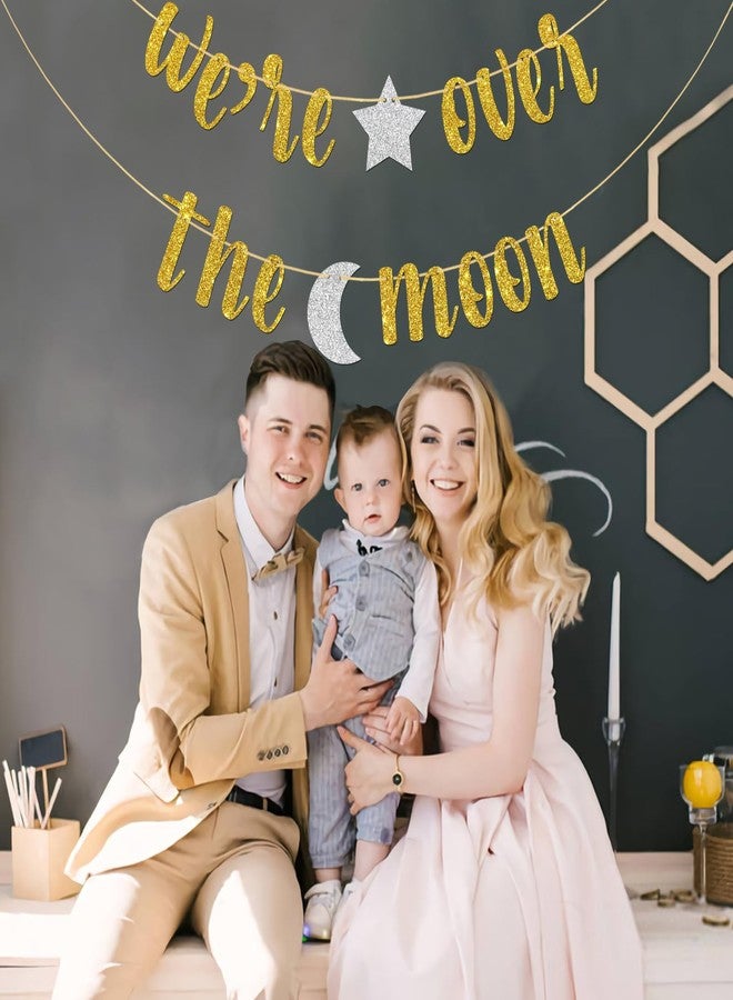 MonMon & Craft We’re Over The Moon Banner/Boy or Girl/Baby Shower/Outer Space Birthday Party Bunting Decorations Supplies - Gold Glitter - Image 5