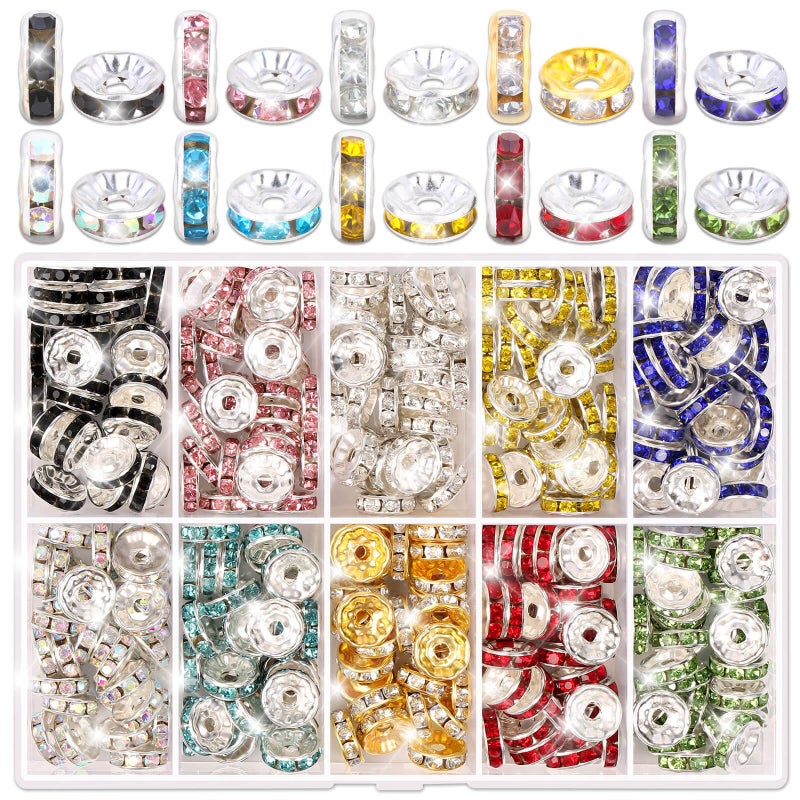 shynek 300 Pieces Rondelle Spacer Beads for Jewelry Making 10mm Rhinestone Spacer Beads for Beaded Pens Crystal Bead Spacers for Jewelry Making Bracelets 10 Colors