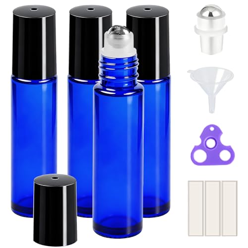 PrettyCare 10 ml 4 Pack Essential Oil Roller Bottles with Stainless Steel Roller Ball Refillable Leakproof Empty Thick Blue Glass Roll on Bottles with Black Caps for Travel Perfume - Image 1