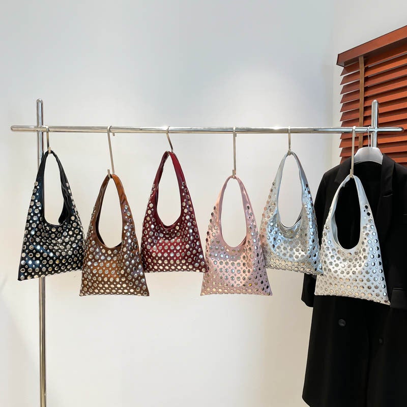 Personalized Trendy Cool Polka Dot Rivet Handbag For Women Motorcycle Bag Versatile Underarm Tote Bag - Image 3