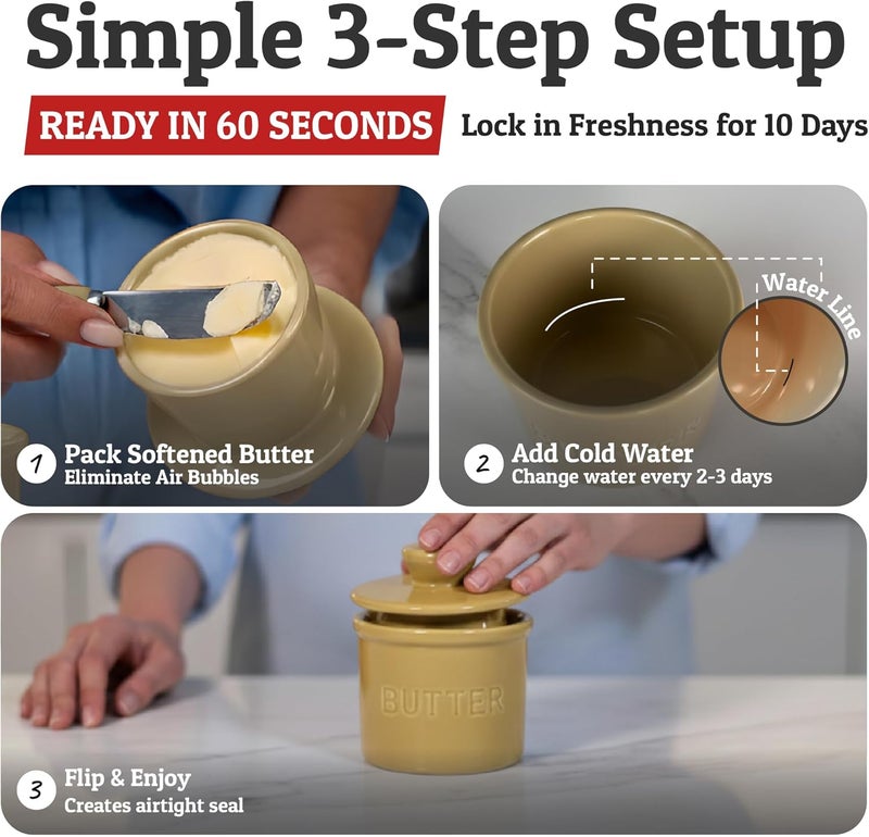 Priority Chef PriorityChef Butter Crock with Lid with Water Line, Ceramic French Butter Dish to Leave On Counter, Khaki - Image 3