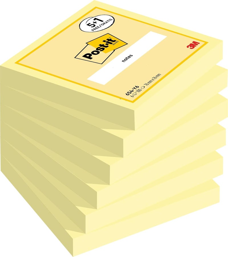 بوست-إت ملاحظات Post-it بلون أصفر كناري، حزمة اقتصادية، تحتوي على 5 ملاحظات بالإضافة إلى ملاحظة مجانية واحدة، 100 ورقة في كل ملاحظة، مقاس 76 مم × 76 مم، لون أصفر – ملاحظات لاصقة لتدوين الملاحظات، قوائم المهام والتذكيرات - Image 1
