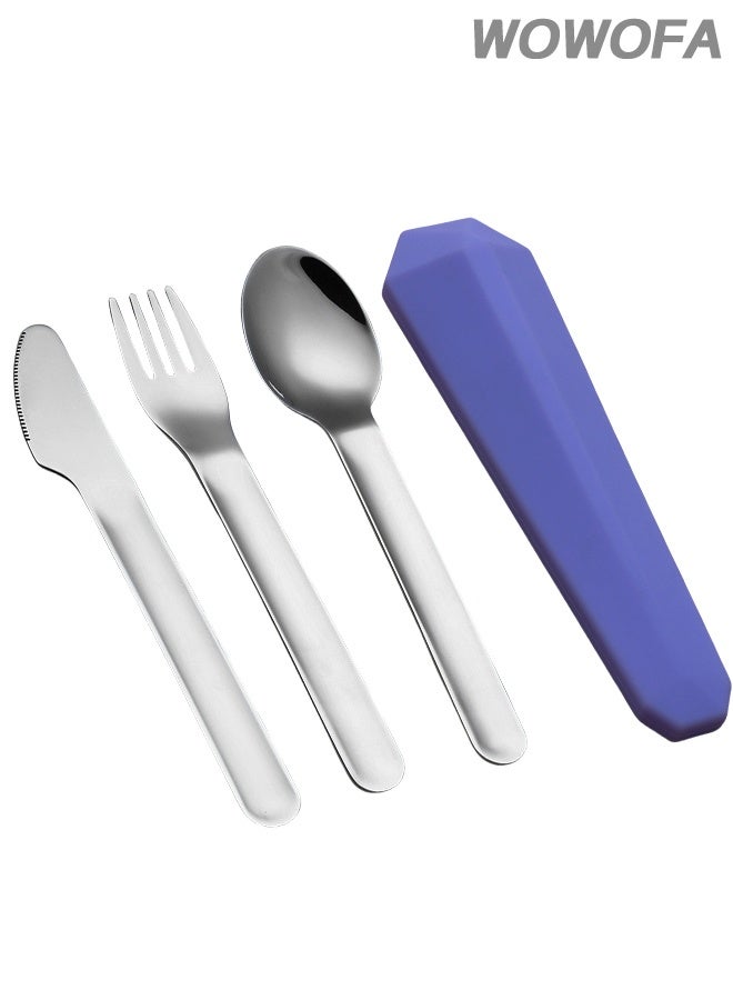 wowofa 4-piece Camping cutlery set，Stainless steel material，with Silicone Case, Travel Utensils with Pouch, Reusable Fork Spoon and Knife, Cutlery for Lunch Box Kids School, Camping Outdoor,（Purple） - Image 1