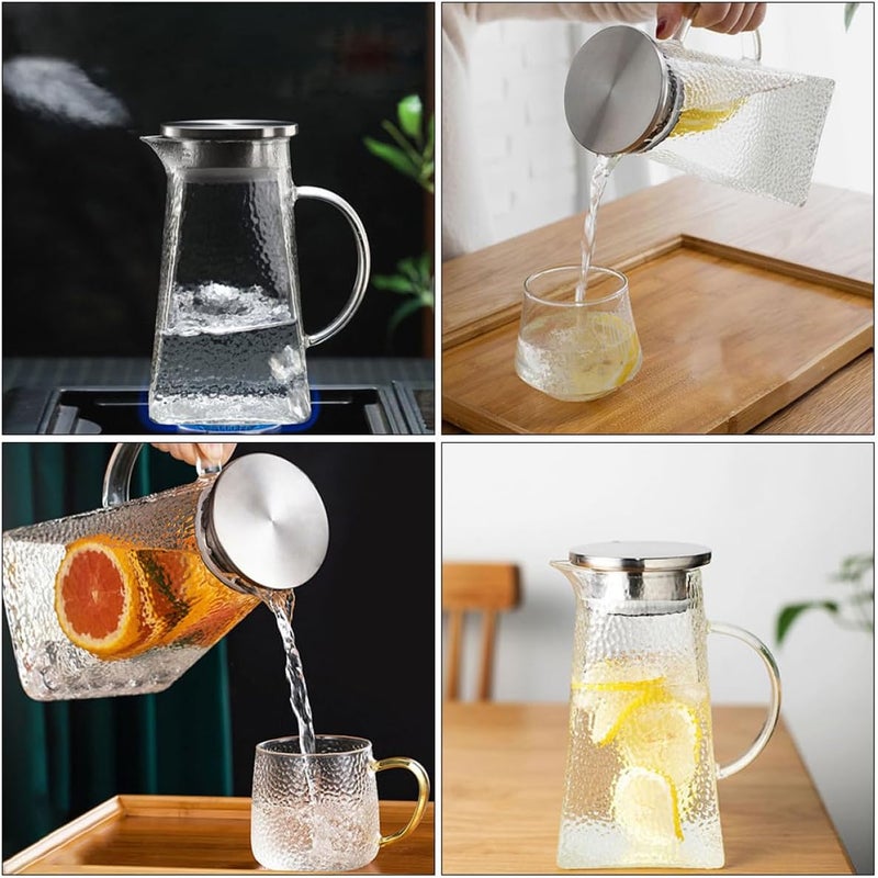 Glass Beverage Pitcher 1.2l Hammered Pattern Cold Water Kettle with Square Base Portable Home Water Pitcher for Juice and Tea Serving - Image 4