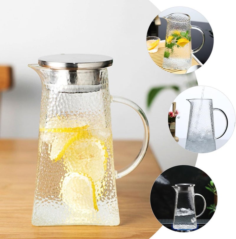 Glass Beverage Pitcher 1.2l Hammered Pattern Cold Water Kettle with Square Base Portable Home Water Pitcher for Juice and Tea Serving - Image 5