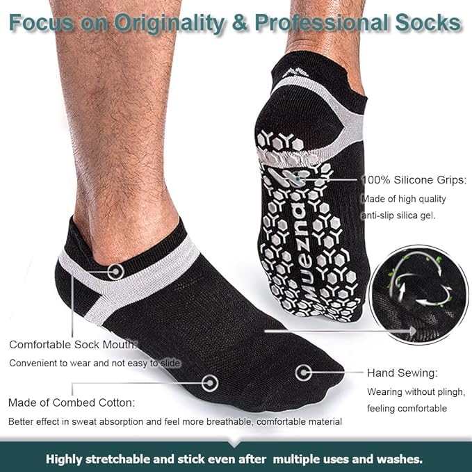 Muezna Men's Non-Slip Yoga Socks, Anti-Skid Pilates, Barre, Bikram Fitness Hospital Slipper Socks with Grips - Image 4