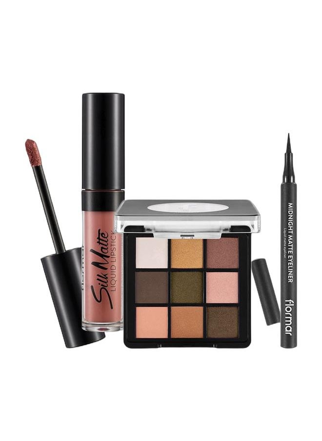 flormar Eyeshadow Palette Multicolour + Midnight Matte Liquid Eye Pencil Black + Silk Matte Liquid Lipstick 02 Fall Rose  - Image 1