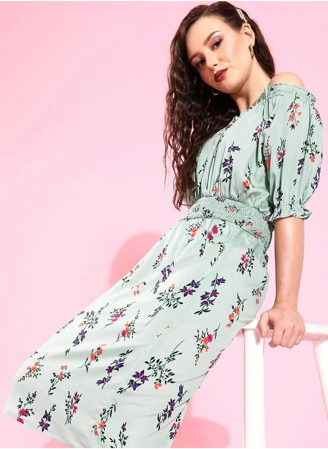 U&F Off Shoulder Neck Floral Print Midi Dress by Styli