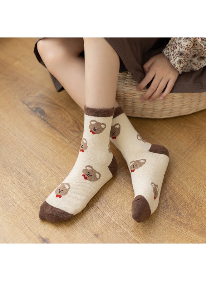 Babyface Tongyan Kids Socks 5 Pairs Cartoon Cotton Mid-calf Socks For Boys And Girls Coffee Bear - Image 2