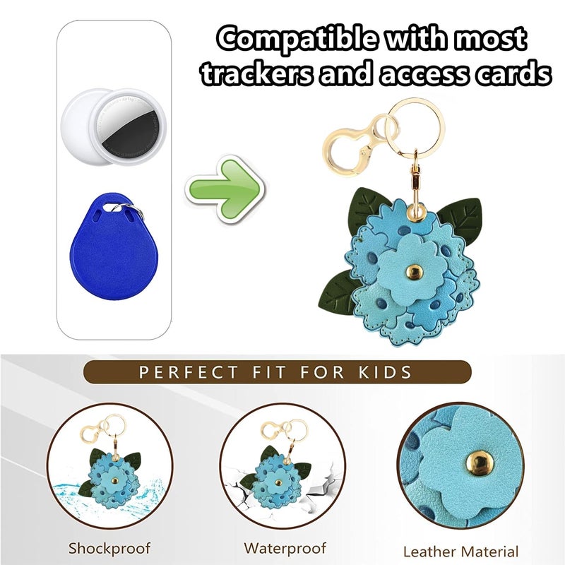 BORKUANA Leather Keychain Holder Case Compatible with AirTag,Cute Protective Apple Air Tag Cover with Keychain Ring,Anti-Scratch Finder GPS Tracker Case for Wallet Keys,bag,pets(Blue Hydrangea) - Image 4