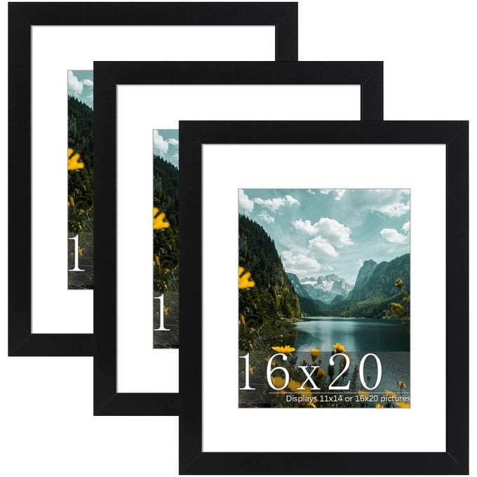 16x20 Picture Frame 3 Pack Black Poster Frame Display Poster 11 x 14 with Mat or 16 x 20 without Mat for Horizontal or Vertical Wall Mounting