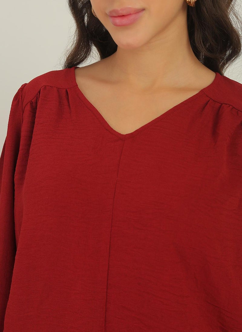 Globus Women's Maroon Self Design Formal Top with V Neck and Puff Sleeves - Image 5
