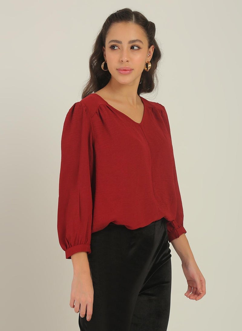 Globus Women's Maroon Self Design Formal Top with V Neck and Puff Sleeves - Image 3