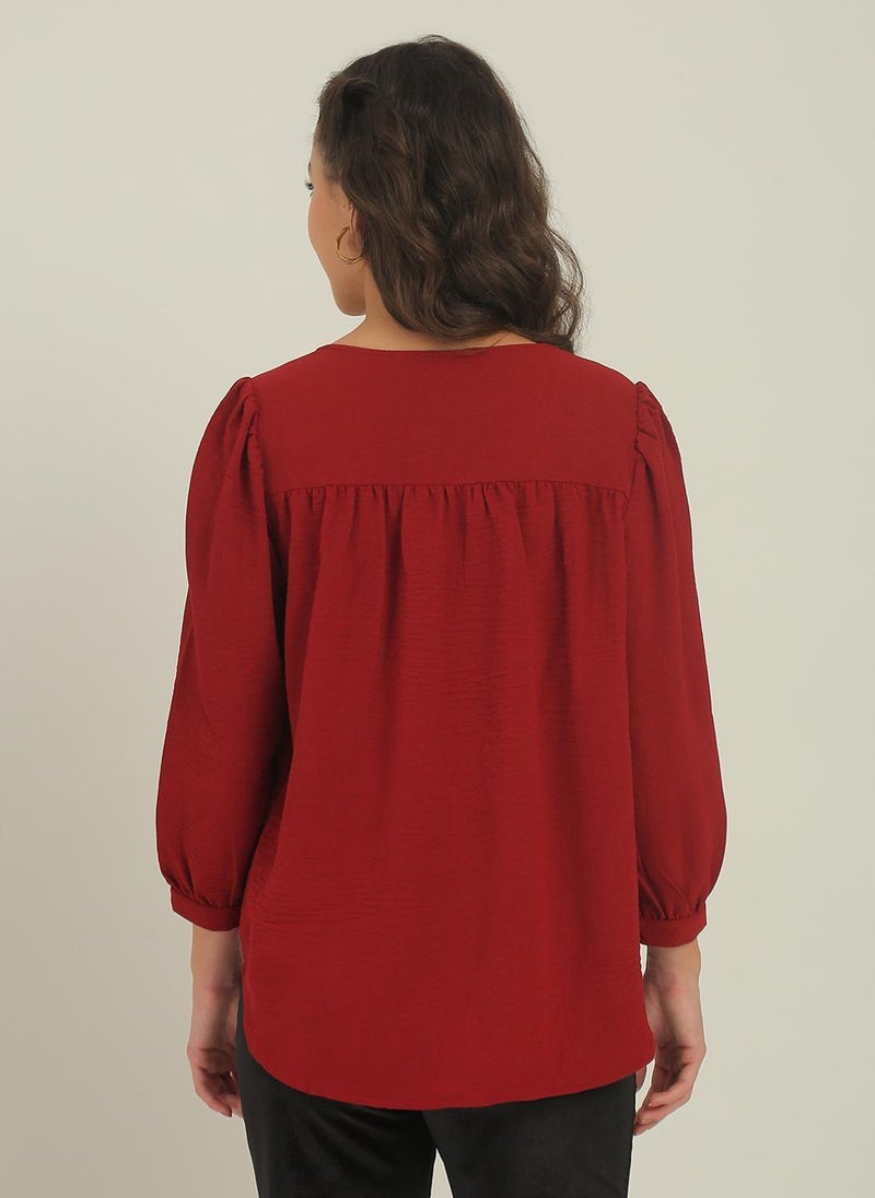 Globus Women's Maroon Self Design Formal Top with V Neck and Puff Sleeves - Image 4