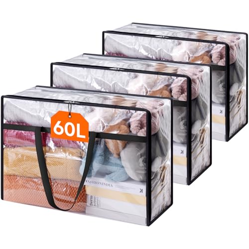 Lifewit 3 Pack Clear Clothes Storage Bags 60L Plastic Blanket Storage Bag Vinyl Foldable Moving Bags with Zipper Closet Organizers and Storage Containers for Bedding Duvet Comforter - Image 1