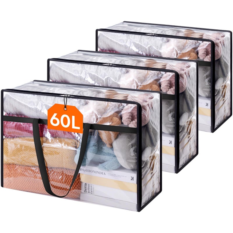Lifewit 3 Pack Clear Clothes Storage Bags 60L Plastic Blanket Storage Bag Vinyl Foldable Moving Bags with Zipper Closet Organizers and Storage Containers for Bedding Duvet Comforter - Image 2