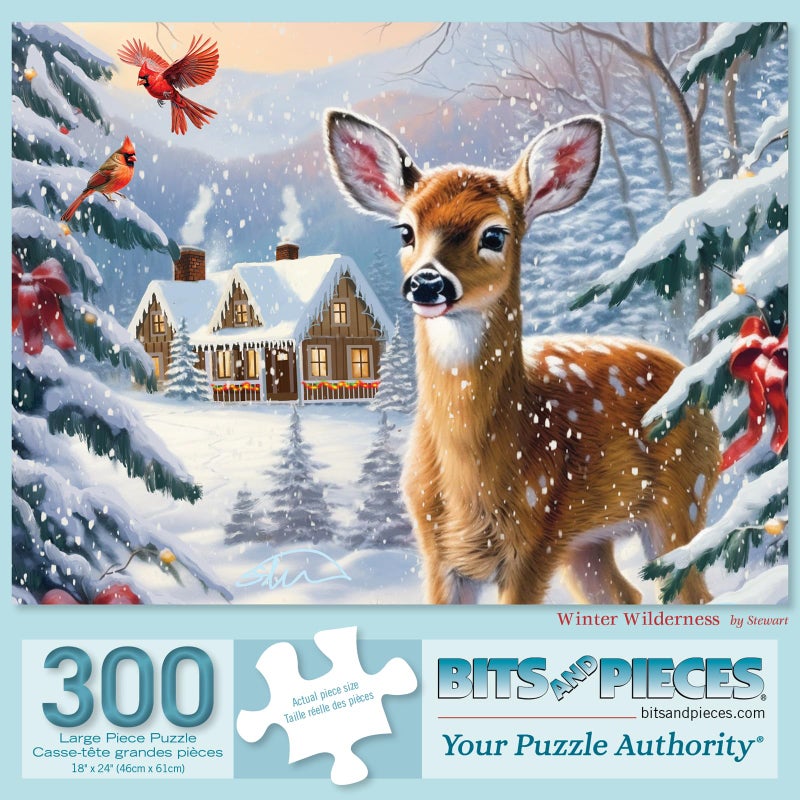 Bits and Pieces 300 Piece Puzzles for Adults 300 Large Pieces 18 x 24 Jigsaw Puzzles Deer Winter Snow Cabin No 2 Pieces Alike Winter Wilderness - Image 3