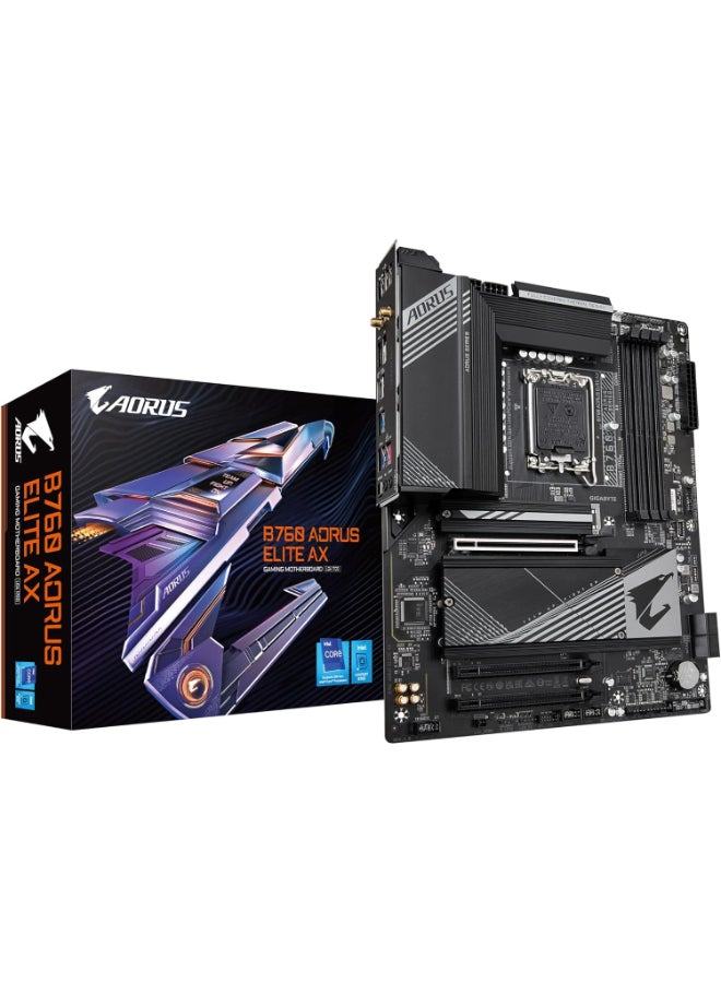 جيجابايت لوحة أم GIGABYTE B760 AORUS Elite AX (LGA 1700/ إنتل/ B760/ ATX/ DDR5/ ثلاثي M.2/ PCIe 4.0/ USB 3.2 Gen2X2 Type-C/ WiFi 6E/ LAN بسرعة 2.5GbE/ Q-Flash Plus/ PCIe EZ-Latch/ لوحة أم للألعاب) - Image 1