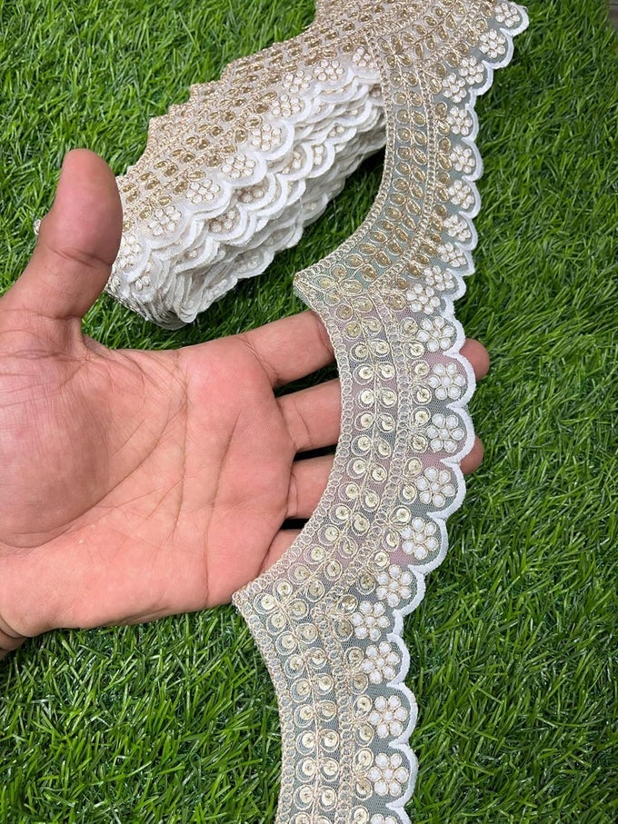 EMBROIDERY SCALLOP LACE SEQUINS EMBELLISHMENT TRIM CRAFT DECORATIVE SAREE LACE 9 METERS 2INCH WIDTH WHITE