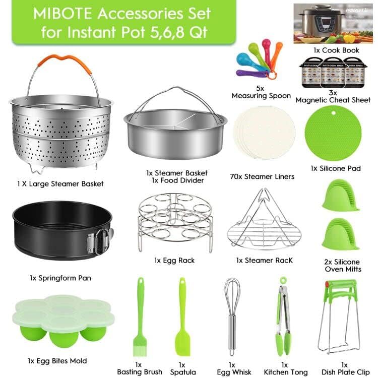 MIBOTE 98 Pcs Accessories Set for Instant Pot 5,6,8 Qt, 2 Steamer Baskets, Springform Pan, Egg Steamer Rack, Egg Bites Mold, Kitchen Tong, Silicone Pad, Oven Mitts, Cheat Sheet Magnet, and etc - Image 3