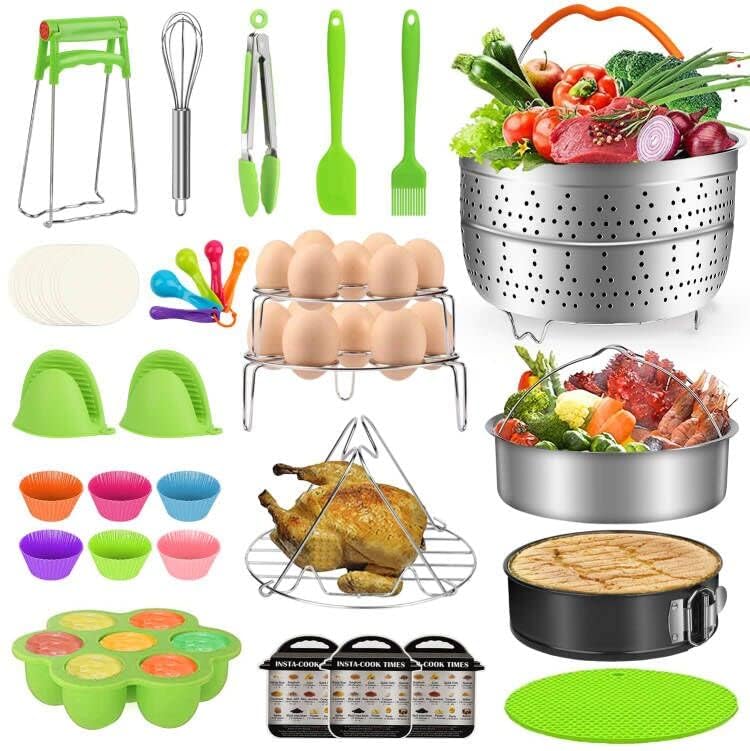 MIBOTE 98 Pcs Accessories Set for Instant Pot 5,6,8 Qt, 2 Steamer Baskets, Springform Pan, Egg Steamer Rack, Egg Bites Mold, Kitchen Tong, Silicone Pad, Oven Mitts, Cheat Sheet Magnet, and etc - Image 2