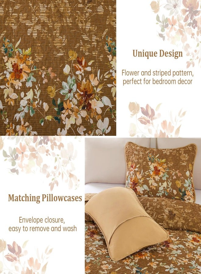 Dobuyly Fall Quilt Set Queen Size, Brown Floral Bedspreads Coverlet Set, 3 Pieces Soft Lightweight Microfiber Farmhouse Botanical Quilt Bedding Set for All Seasons 96"x90" - Image 5