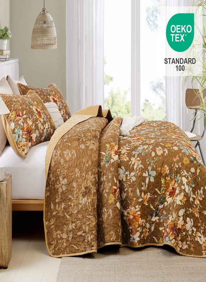 Dobuyly Fall Quilt Set Queen Size, Brown Floral Bedspreads Coverlet Set, 3 Pieces Soft Lightweight Microfiber Farmhouse Botanical Quilt Bedding Set for All Seasons 96"x90" - Image 3