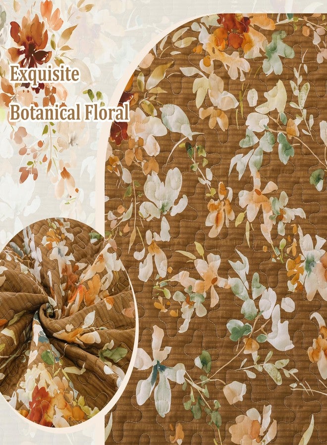 Dobuyly Fall Quilt Set Queen Size, Brown Floral Bedspreads Coverlet Set, 3 Pieces Soft Lightweight Microfiber Farmhouse Botanical Quilt Bedding Set for All Seasons 96"x90" - Image 4