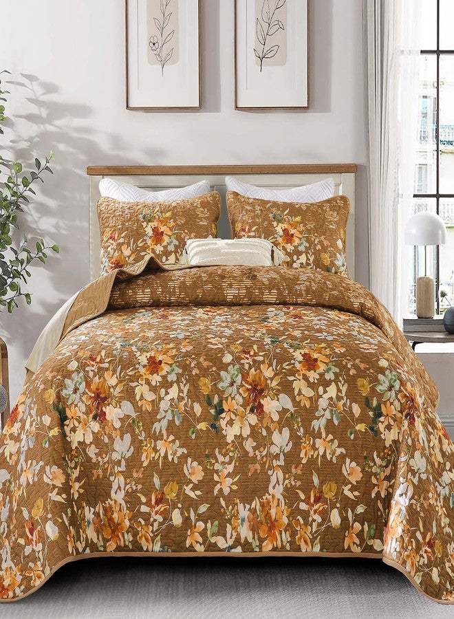 Dobuyly Fall Quilt Set Queen Size, Brown Floral Bedspreads Coverlet Set, 3 Pieces Soft Lightweight Microfiber Farmhouse Botanical Quilt Bedding Set for All Seasons 96"x90" - Image 1