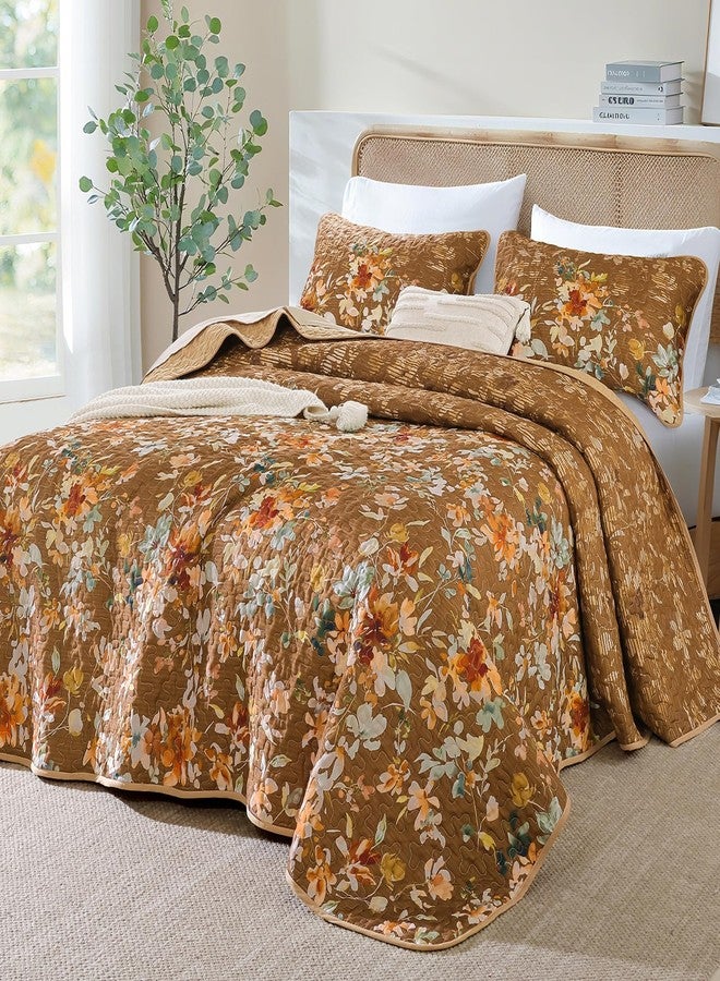 Dobuyly Fall Quilt Set Queen Size, Brown Floral Bedspreads Coverlet Set, 3 Pieces Soft Lightweight Microfiber Farmhouse Botanical Quilt Bedding Set for All Seasons 96"x90" - Image 2