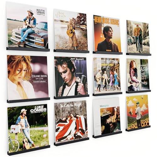 Emfogo Vinyl Record Shelf Wall Mount 12 Pack Album Record Holder Wall 12 inch Vinyl Record Storage Shelves Wall Wood Record Display for Living Room Black - Image 1