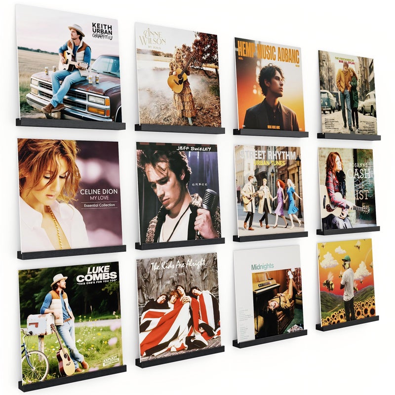 Emfogo Vinyl Record Shelf Wall Mount 12 Pack Album Record Holder Wall 12 inch Vinyl Record Storage Shelves Wall Wood Record Display for Living Room Black - Image 2