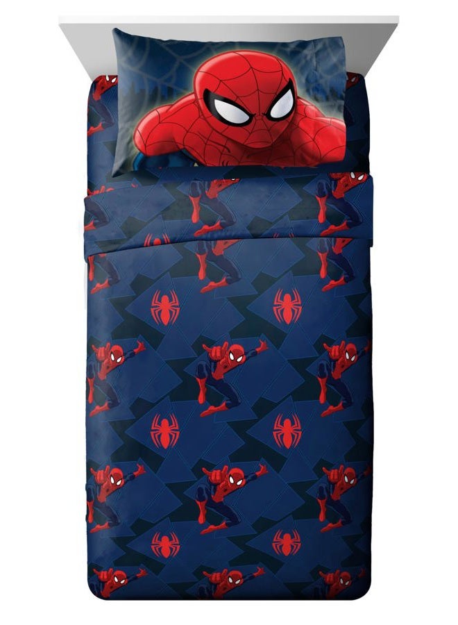 Jay Franco Spiderman Saving The Day 4 Piece Full Sheet Set (Offical Marvel Product), Blue - Image 1
