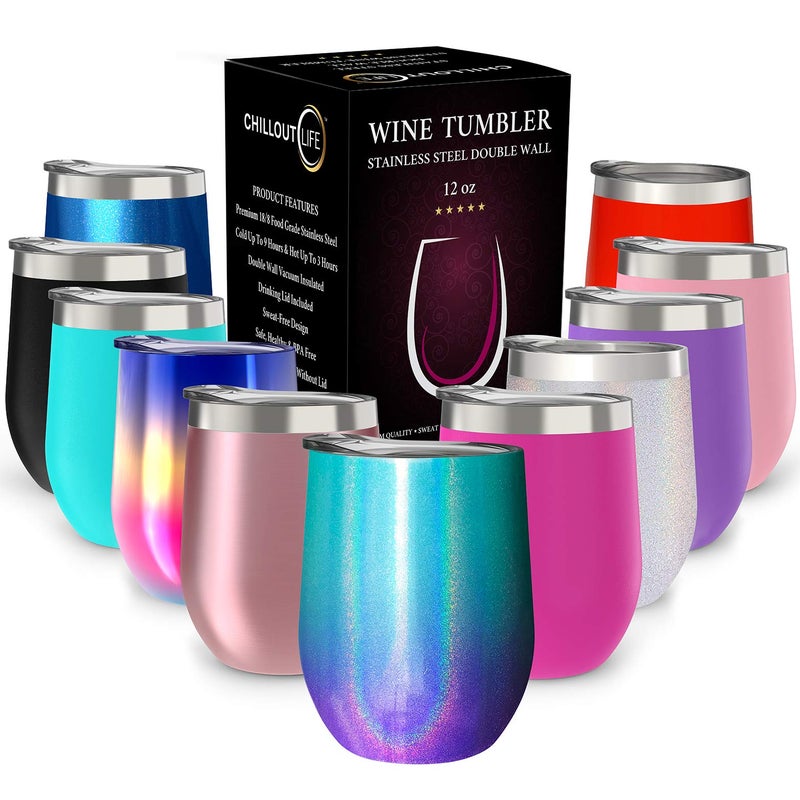 CHILLOUT LIFE 12 oz Stainless Steel Tumbler with Lid & Gift Box - Wine Tumbler Double Wall Vacuum Insulated Travel Tumbler Cup for Coffee  Wine  Cocktails  Ice Cream - Mermaid Sparkle - Image 1