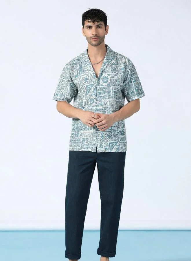 Take Two Men Green All Over Print Casual Shirt