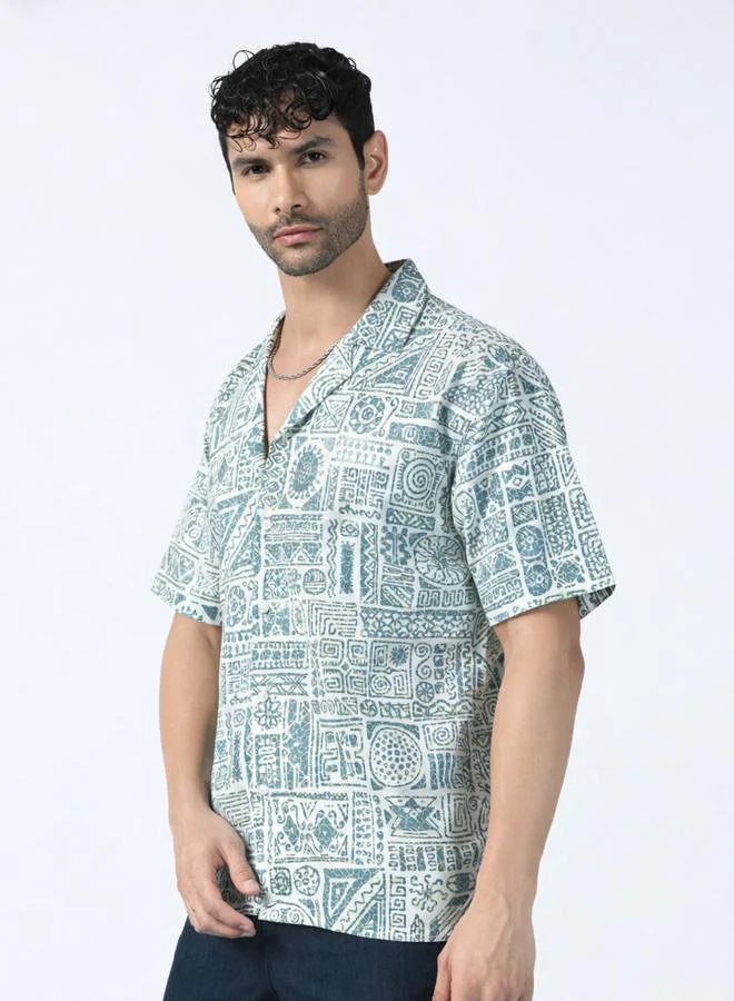 Take Two Men Green All Over Print Casual Shirt