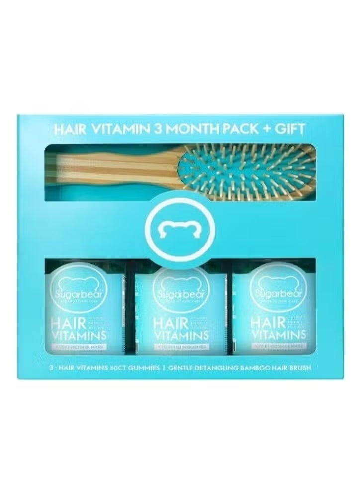 SugarbearPRO Pack Of 3 X 60 Hair Vitamins Vegan Gummies, 180 Gummies Gift Pack With Free Brush