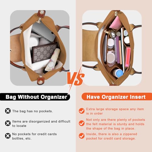 LOUKAYCCI Purse Organizer Insert for Longchamp Le Pliage M Handbag Insert Felt Long Champ Tote Bag Organizer Insert with Cup (EarthColor, Medium) - Image 3