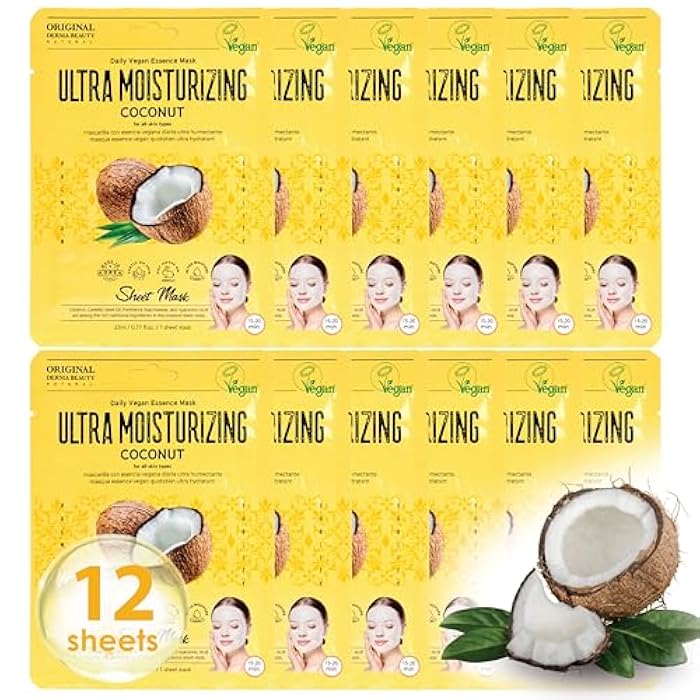 Innerest Original Derma Beauty Vegan Face Masks 12 PK Ultra Moisturizing Coconut Face Mask Skin Care Sheet Masks Set for Beauty & Personal Care Korean Face Mask - Image 1