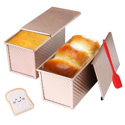 CFGUK Pullman Loaf Pan with Lid 2 Pack 1 lb Dough Capacity for Homemade Bread Nonstick Corrugated Carbon Steel Bread Toast Box with Cover for Bakeware Sandwich Toast Oven Baking Gold - Image 1