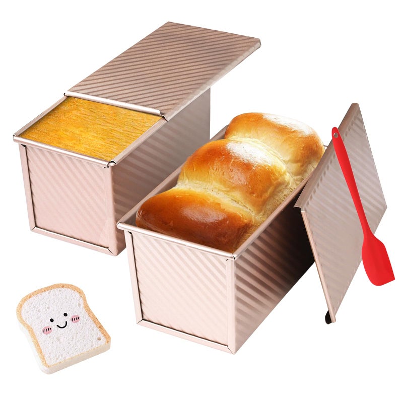 CFGUK Pullman Loaf Pan with Lid 2 Pack 1 lb Dough Capacity for Homemade Bread Nonstick Corrugated Carbon Steel Bread Toast Box with Cover for Bakeware Sandwich Toast Oven Baking Gold - Image 2