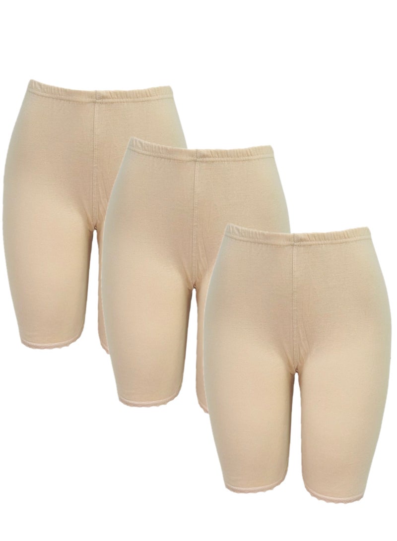 City Rose 3-Piece Short Inner Leggings With Elasticated Waistband Cotton Beige - Image 1