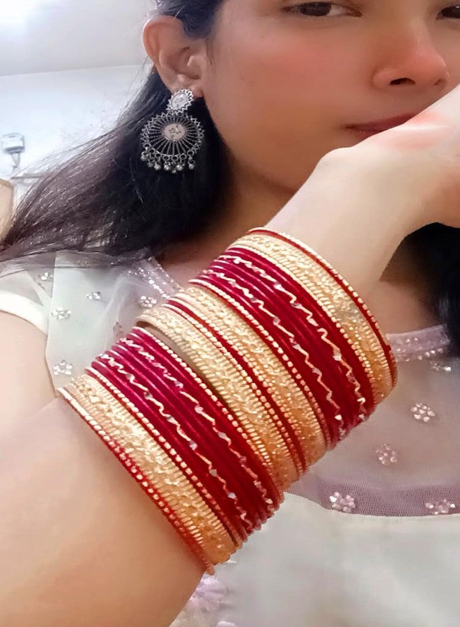 Touchstone"Colorful 2 Dozen Bangle Collection Indian Bollywood Alloy Metal Textured Hot Red Designer Jewelry Bangle Bracelets Set Of 24 In Antique Gold Tone For Women. - Image 2