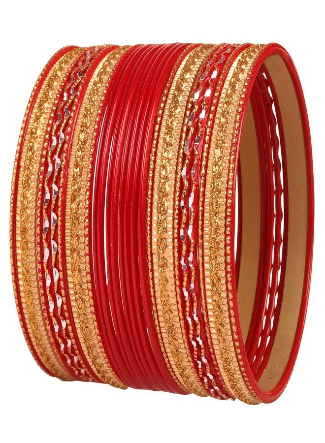 Touchstone"Colorful 2 Dozen Bangle Collection Indian Bollywood Alloy Metal Textured Hot Red Designer Jewelry Bangle Bracelets Set Of 24 In Antique Gold Tone For Women. - Image 1